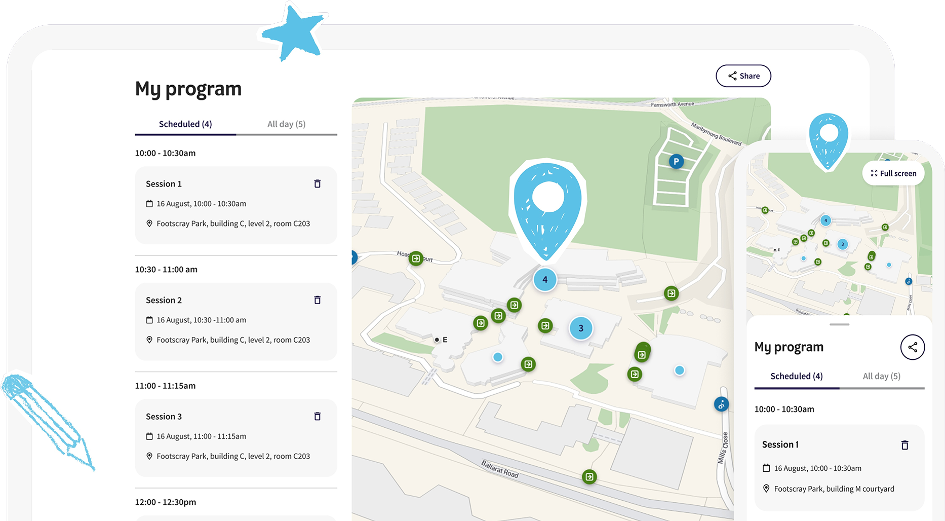 Screenshots of website viewed on a PC and a mobile, showing list of VU open day events and campus map.