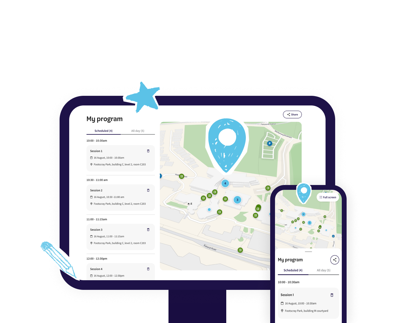 Preview of your personalised Open Day planner shown on a desktop and phone, with your saved sessions and the campus map.