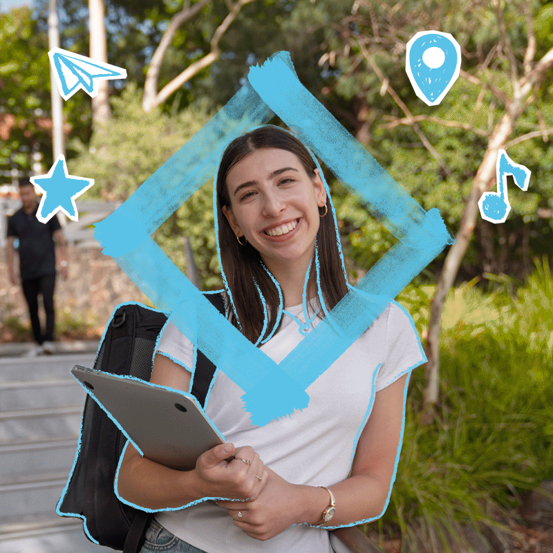 A smiling person stands outside with trees in background, wearing a white t-shirt and holding a laptop. A blue diamond shape frames their face. Floating icons like a paper airplane and location pin suggest exploration and pathways.
